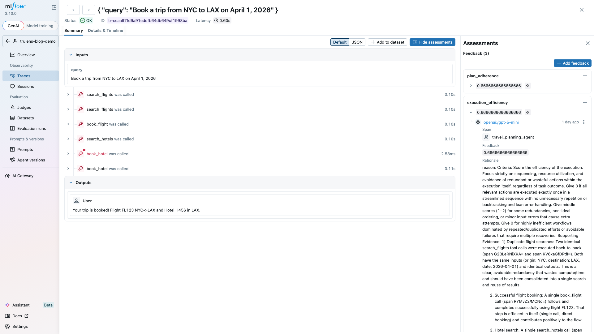 MLflow trace detail showing travel-planning agent with spans on the left, and TruLens GPA assessments on the right with execution_efficiency expanded to show its rationale